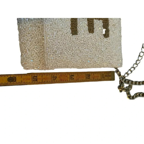Bride Metallic Beaded Lettered Gold Chain Strap Seed Beaded Clutch Purse - Picture 6 of 9